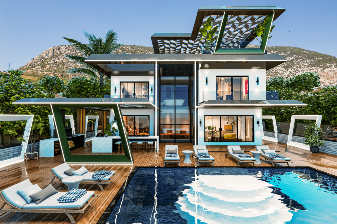 Modern luxurious private villa with panoramic views of the Mediterranean Sea and mountains